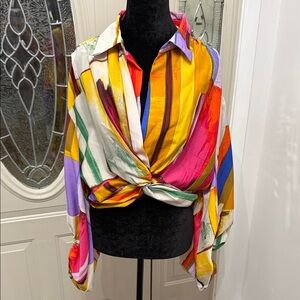 Truth NYC Colorful Abstract Twist-Front Blouse | Size XL | Boho Statement Top